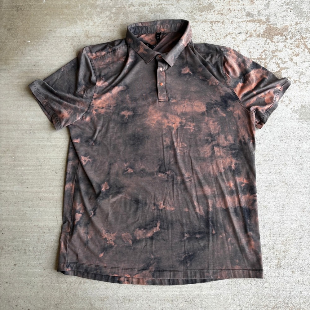 Lululemon Mens Performance Polo Shirt XXL Tie Dye Brown Charcoal Short Sleeve